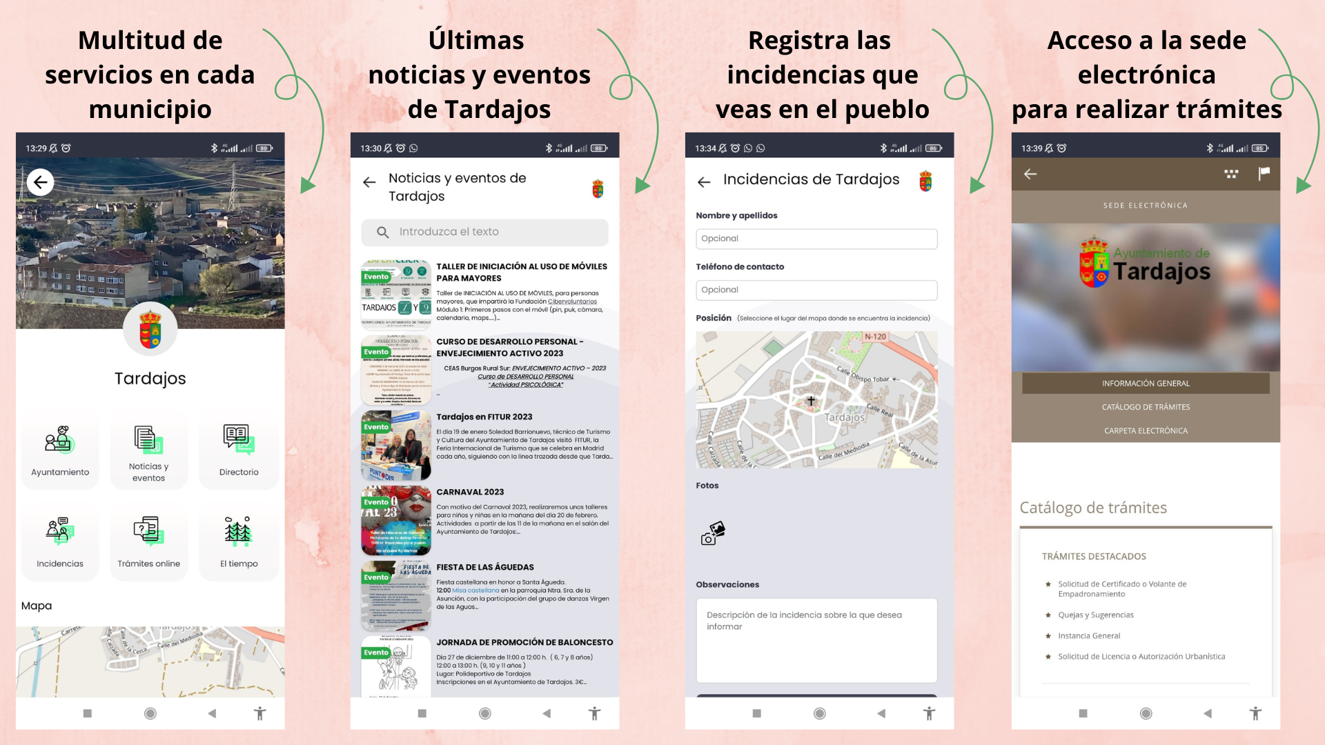 Información de los servicios que ofrece la APP Mi Pueblo, como información básica de Tardajos, últimas noticias y eventos, posibilidad de registrar incidencias y acceso a la sede electrónica.