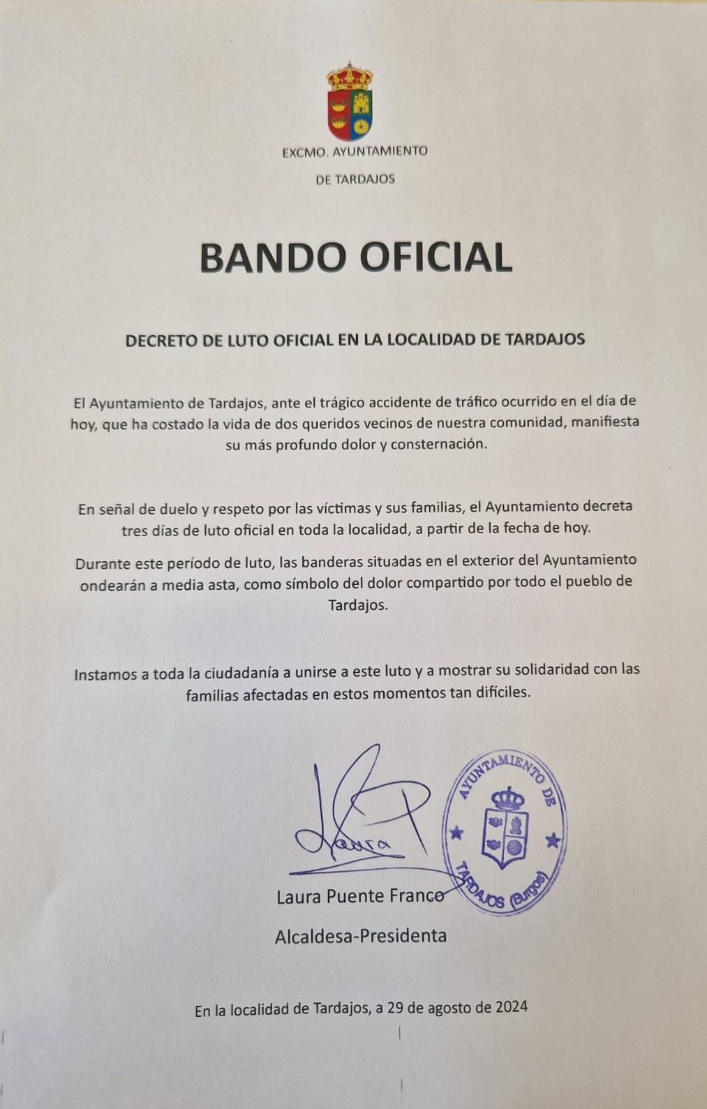 Decreto de Luto Oficial en la localidad de Tardajos